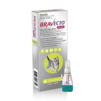 Bravecto PLUS Spot-On 3 month Flea, Tick & Worm Protection - For Cats 1.2-2.8kg Bravecto