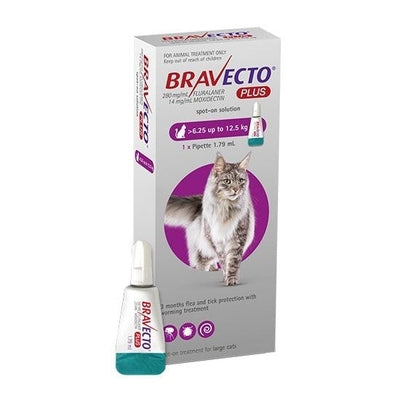 Bravecto PLUS Spot-On 3 month Flea, Tick & Worm Protection - For Cats 6.25-12.5kg Bravecto