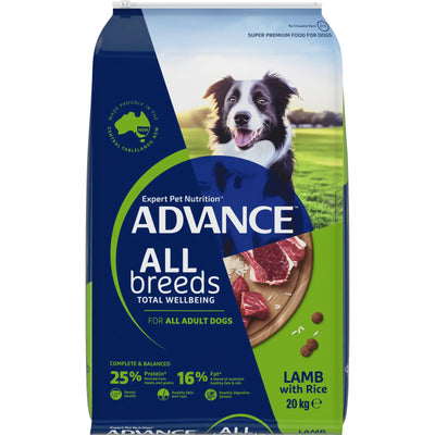 Advance Adult Dog Food All Breeds Lamb with Rice 20kg Bag Optimal Nutrition