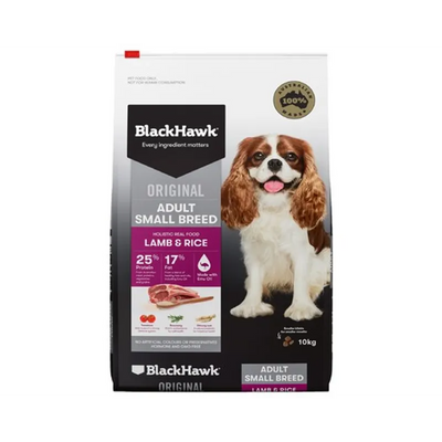 Black Hawk dog food package for adult small breed with a dog on the label