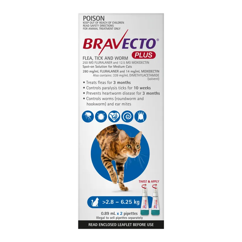 Bravecto Plus Cat Med 2.8Kg - 6.25Kg Blue (2Pk)