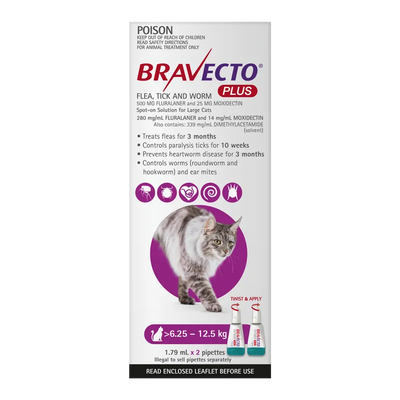 Bravecto Plus Cat Lrg 6.25Kg - 12.5Kg Purple (2Pk) Bravecto