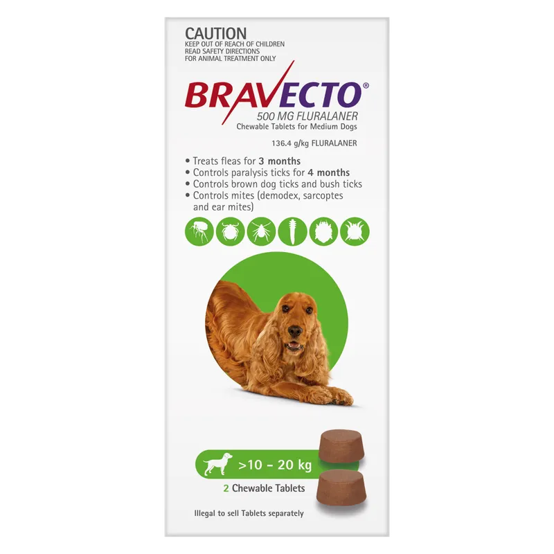 Bravecto Dog Med 10Kg - 20Kg Green (2Pk)