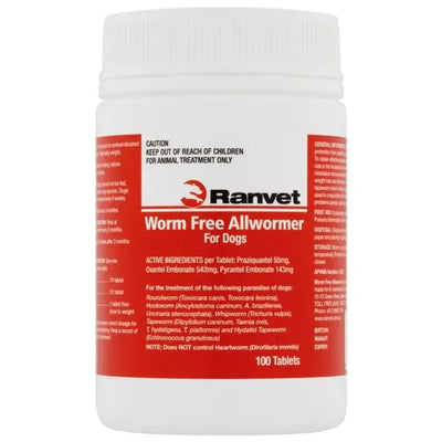 Ranvet Worm Free Allwormer (Red Label) 10Kg Dog 100 Tabs