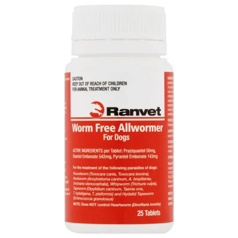 Ranvet Worm Free Allwormer (Red Lable) 10Kg Dog 25 Tabs