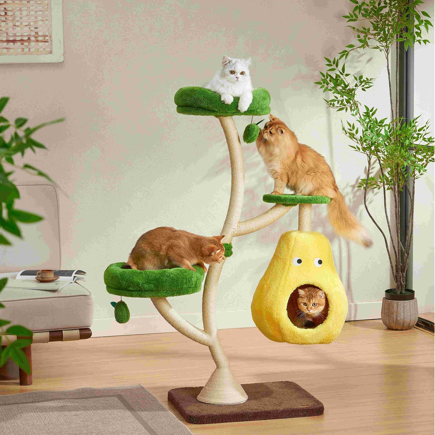 Michu Verde Modern Solid Wood Cat Tree: Multi-Level, Cozy Pear Nest