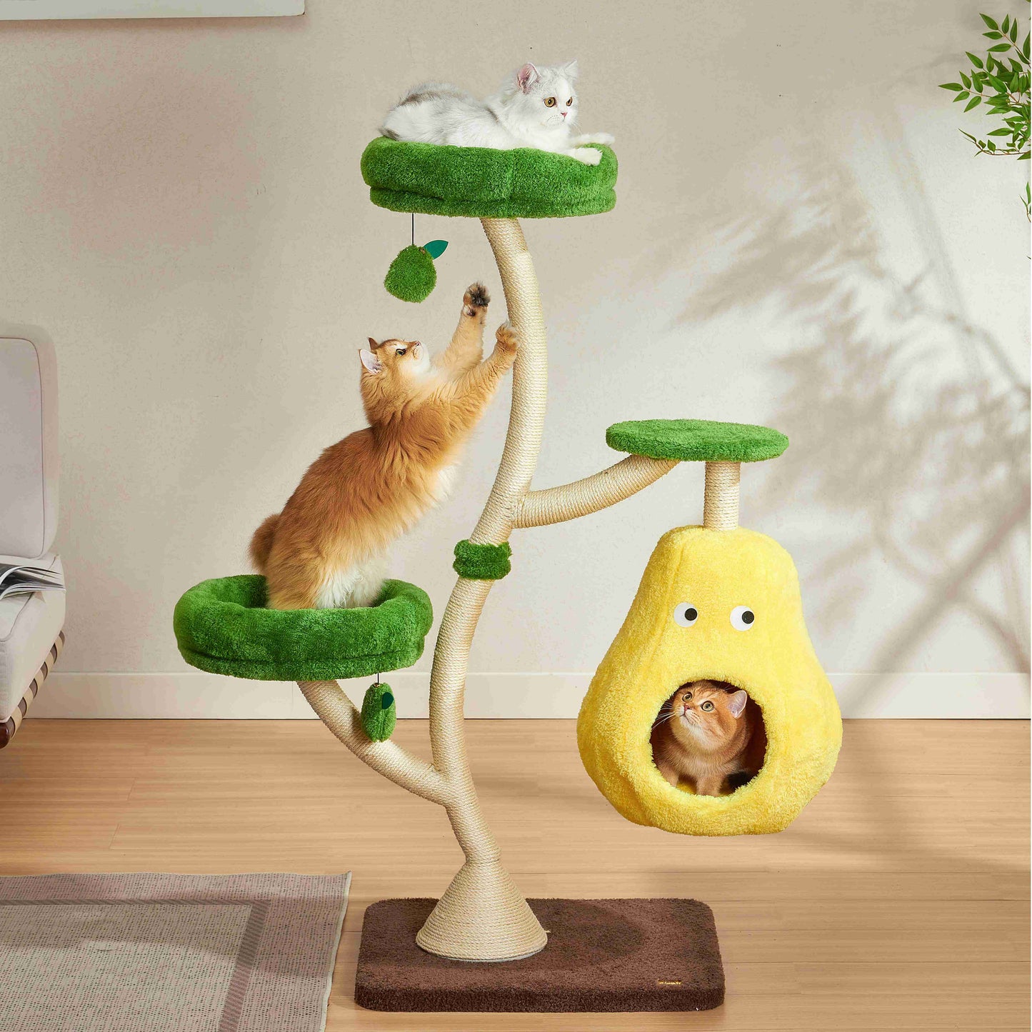 Michu Verde Modern Solid Wood Cat Tree: Multi-Level, Cozy Pear Nest