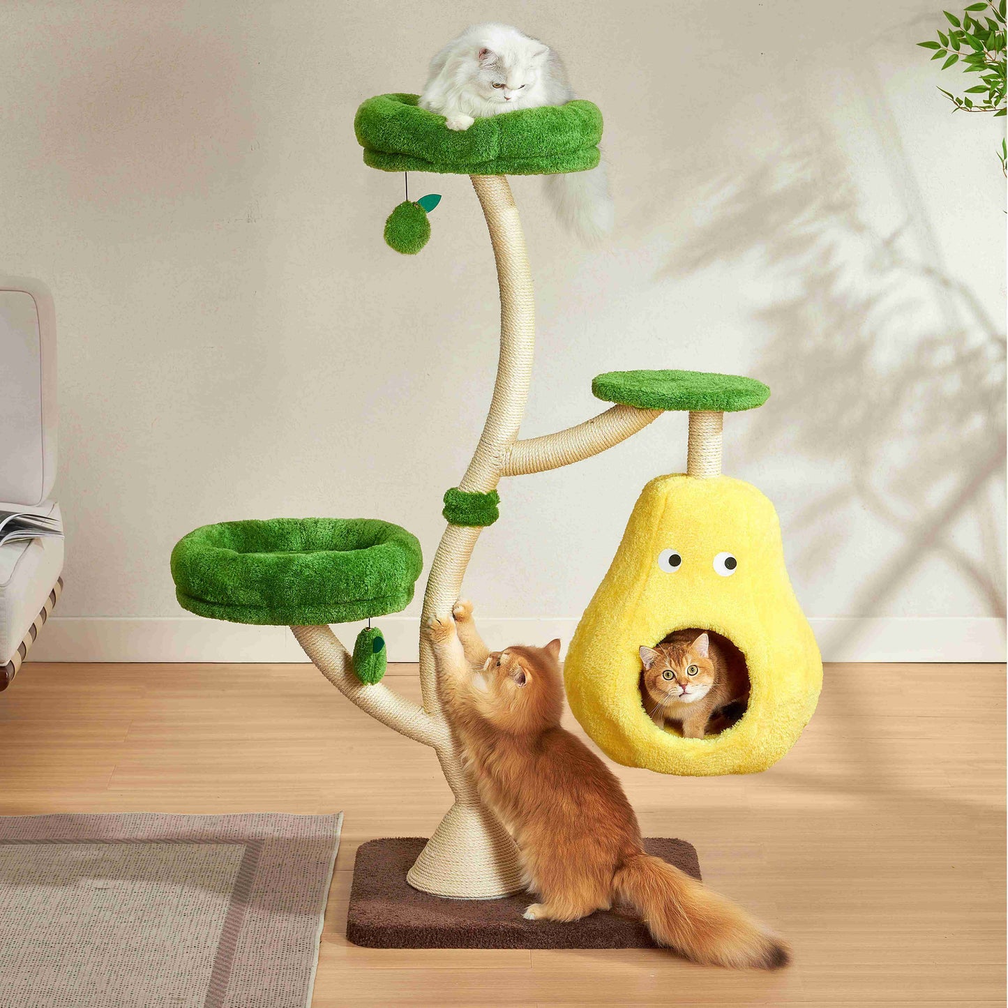 Michu Verde Modern Solid Wood Cat Tree: Multi-Level, Cozy Pear Nest
