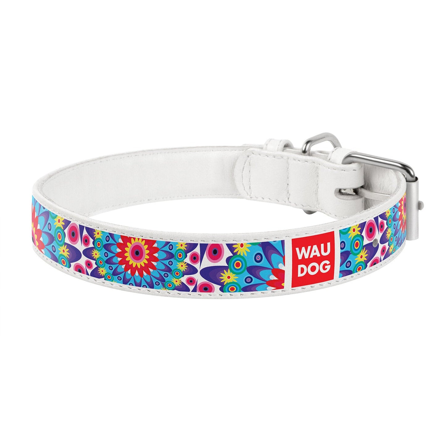WAUDOG Flowers White Leather Collar with Quick-Release Buckle for Dogs