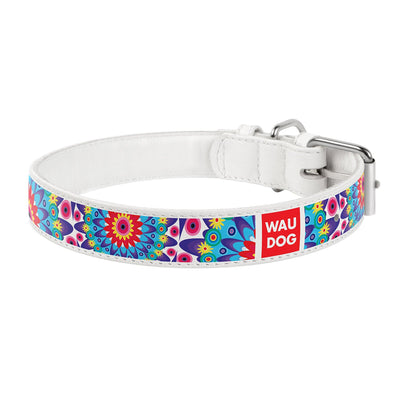 WAUDOG Flowers White Leather Collar with Quick-Release Buckle for Dogs