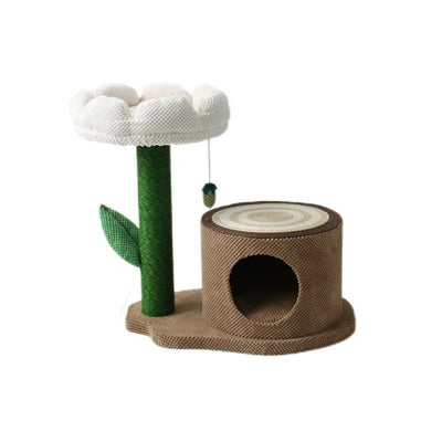 Catio Log Cat House with White Camelia Cat Scratching Tree
