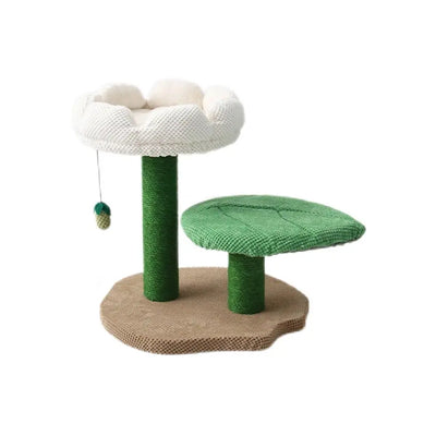 Premium White Camellia Flower Cat Tree & Scratcher - 2 Level Cat Condo