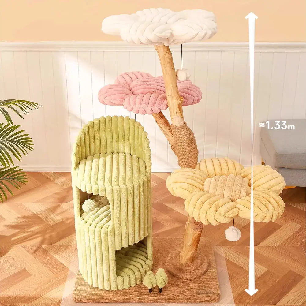 Three-Level Flower Shaped Cat Tree with Cozy House for Playful Felines