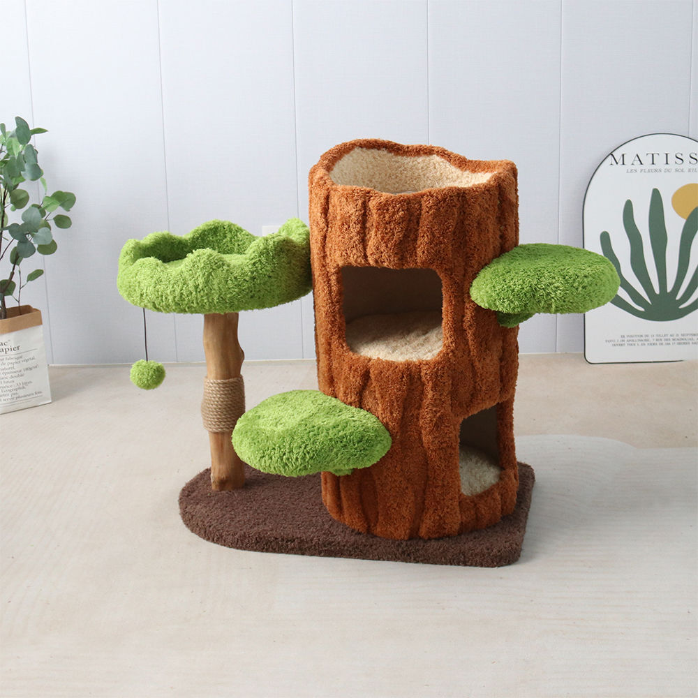 CMisstree Two-Level Tree Hollow Solid Wood Cat Tree for Playful Felines