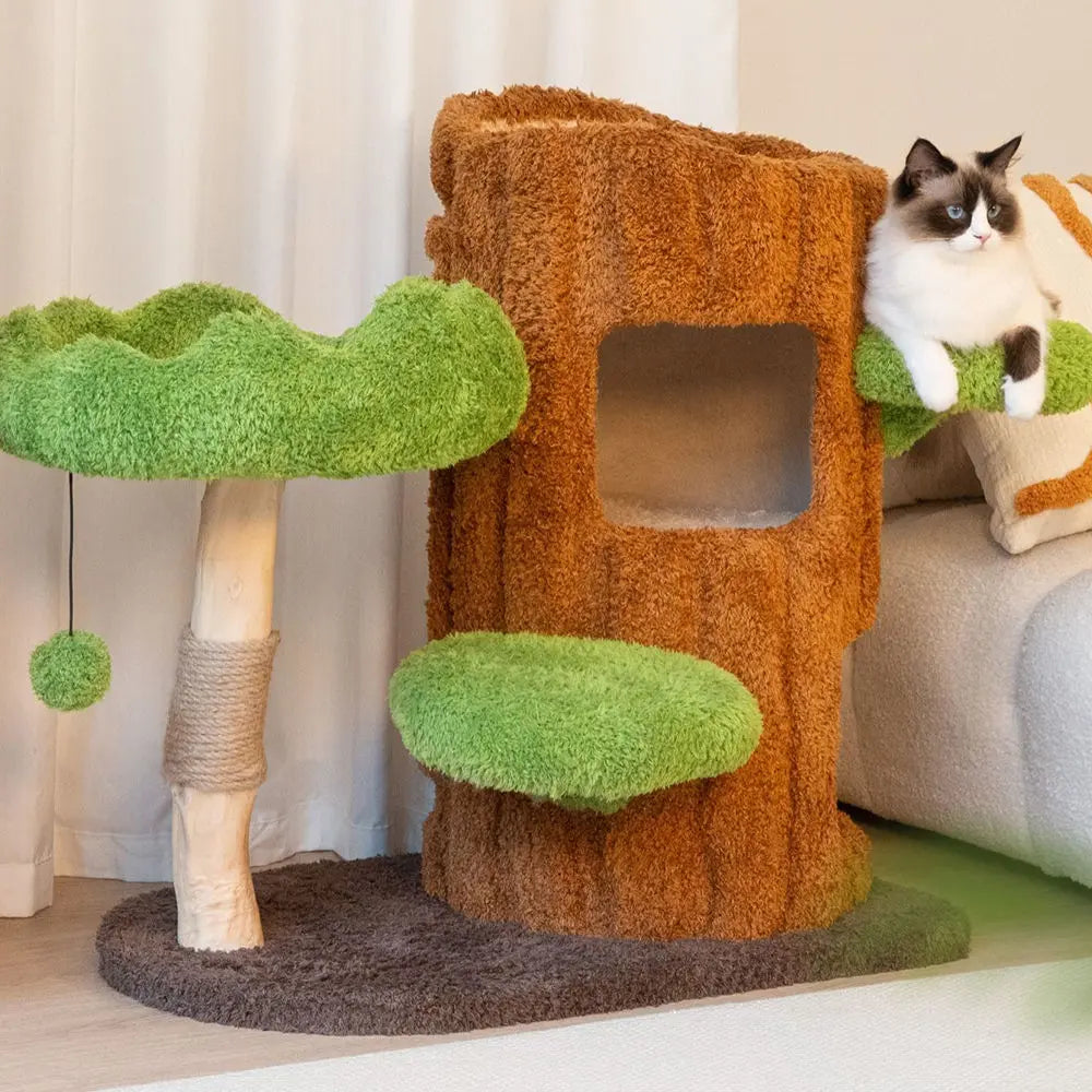 CMisstree Two-Level Tree Hollow Solid Wood Cat Tree for Playful Felines