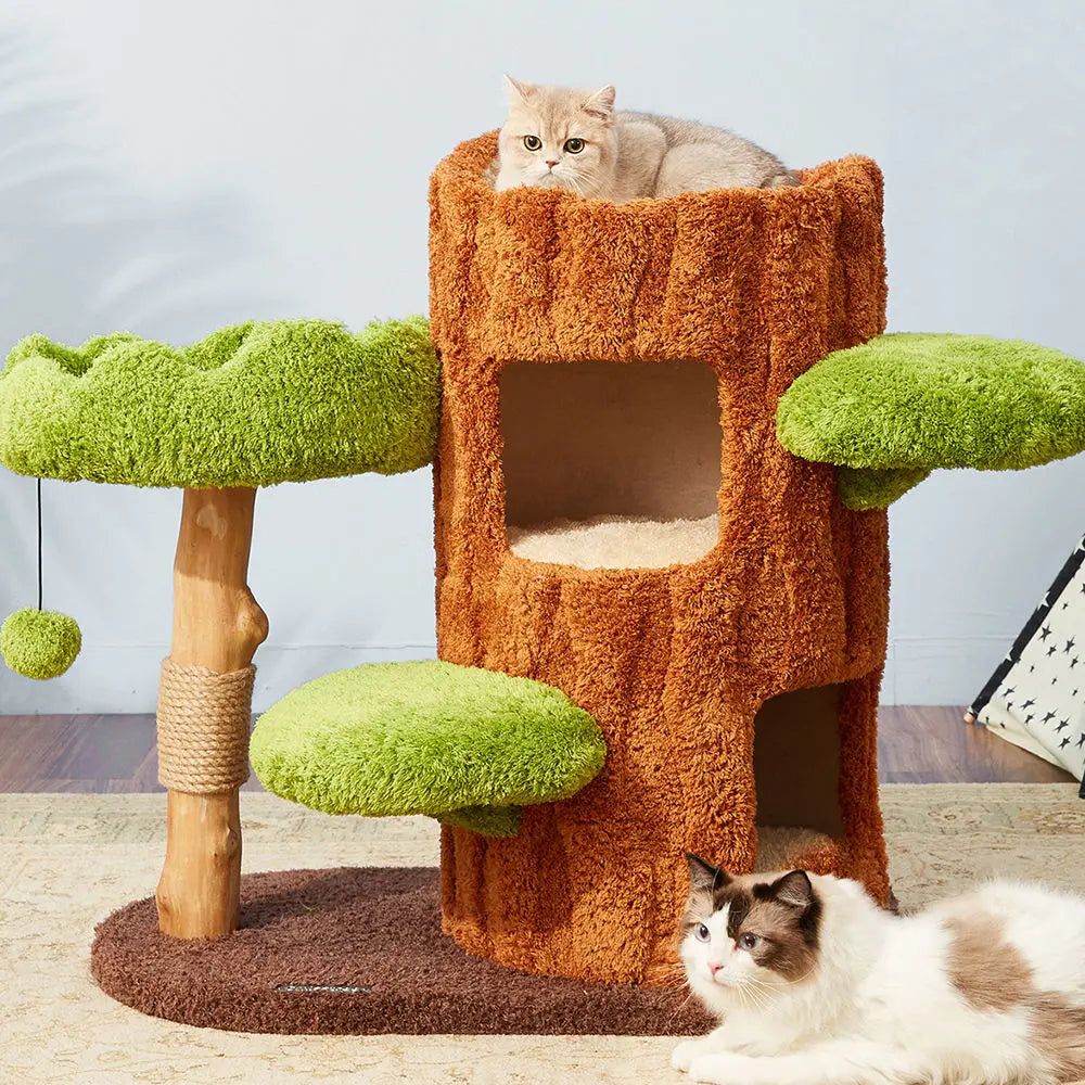CMisstree Two-Level Tree Hollow Solid Wood Cat Tree for Playful Felines