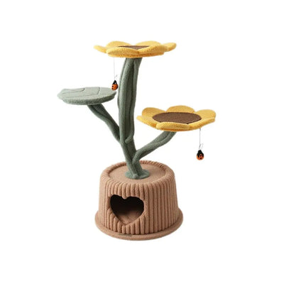 CMisstree Sunflower Cat Tree: Cozy Pot Hideaway, Scratching Post, Playful Design