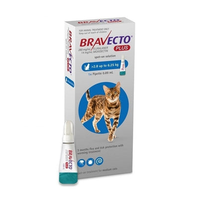 Bravecto PLUS Spot-On 3 month Flea, Tick & Worm Protection - For Cats 2.8 - 6.25kg Bravecto