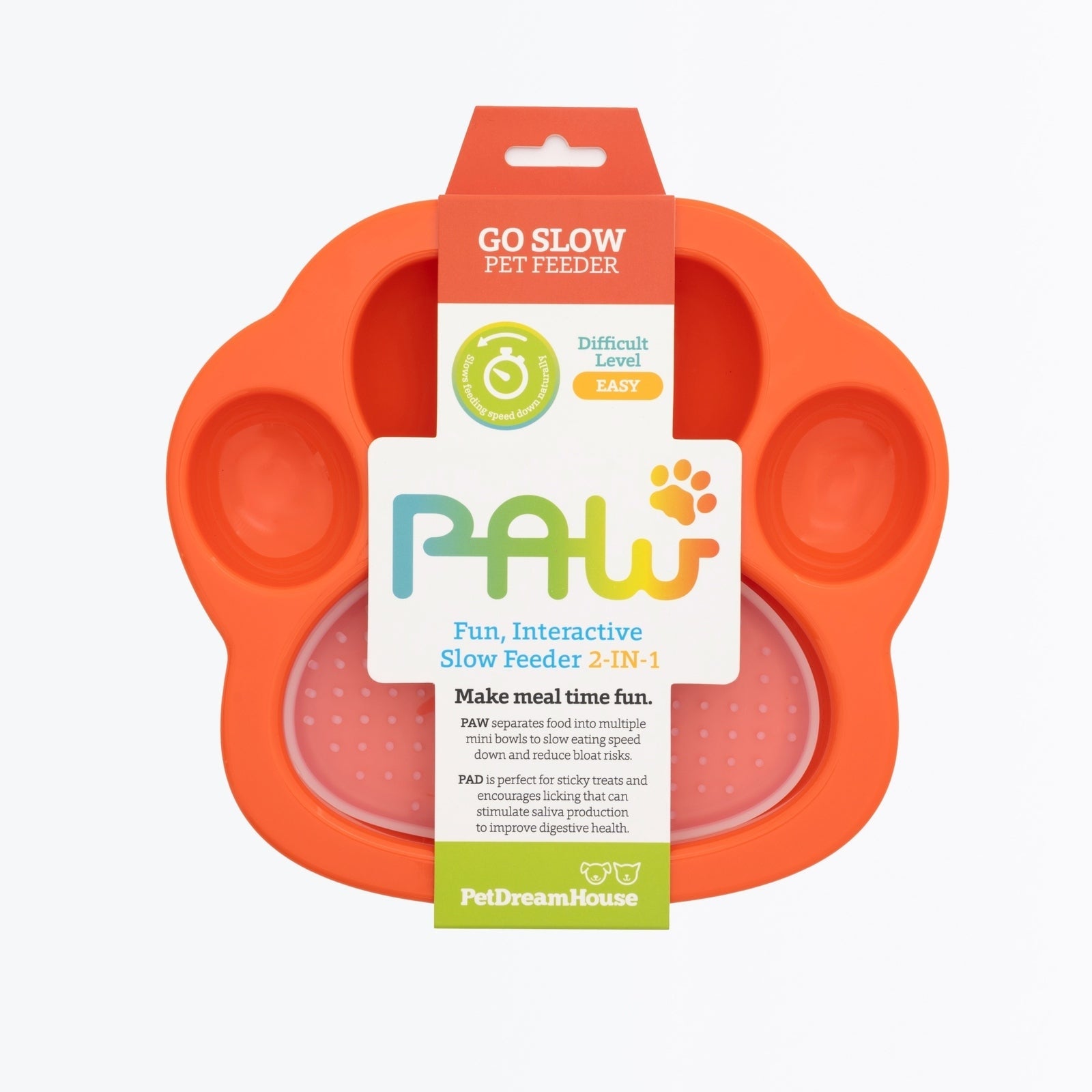 PAW 2-in-1 Slow Mini Slow Feeder & Lick Pad for Cats & Small Dogs - Orange Pet DreamHouse