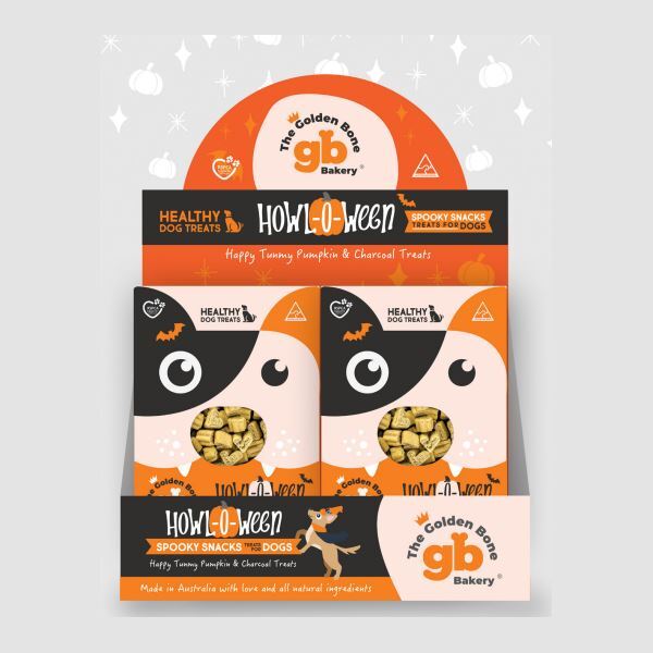 Golden Bone Bakery Halloween POS Display HOWL-O-WEEN Dog Treats 16 x 40g Snack Packs The Golden Bone Bakery