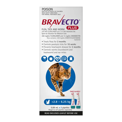 Bravecto Plus Cat Med 2.8Kg - 6.25Kg Blue (2Pk) Bravecto