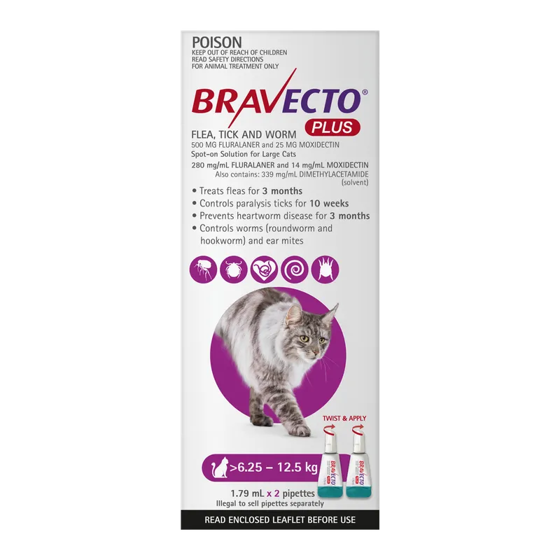 Bravecto Plus Cat Lrg 6.25Kg - 12.5Kg Purple (2Pk) Bravecto