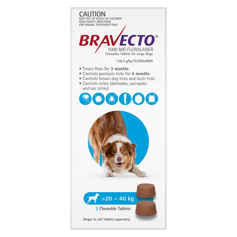 Bravecto Dog Lrg 20Kg - 40Kg Blue (2Pk) Bravecto