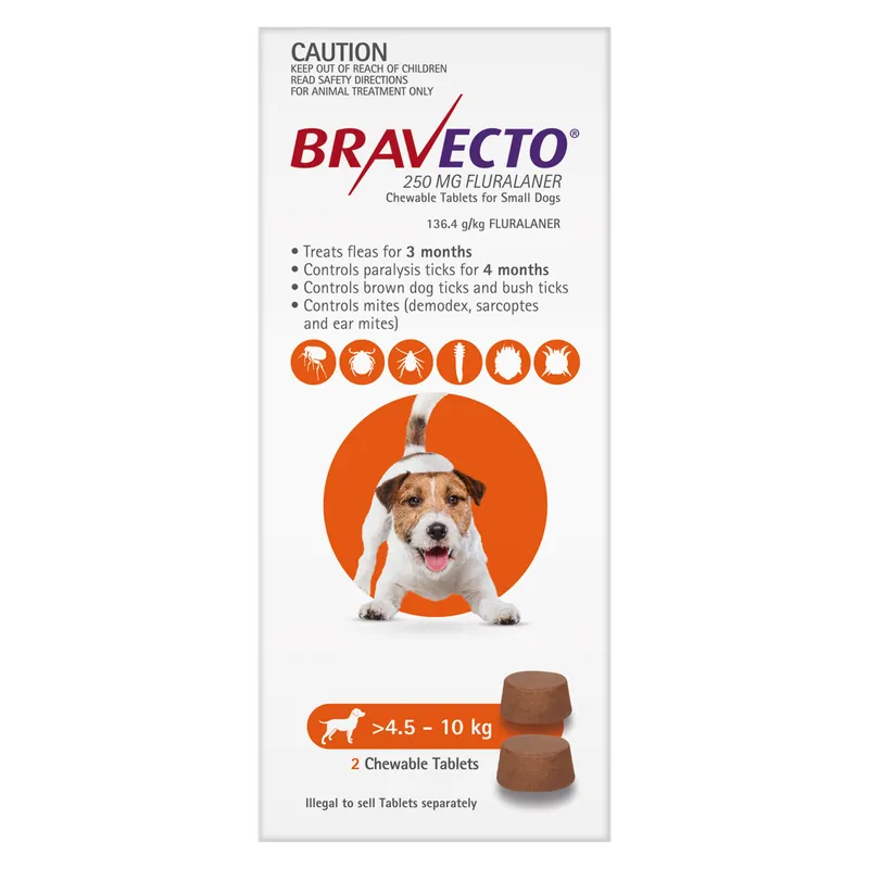 Bravecto Dog Sml 4.5Kg - 10Kg Orange (2Pk) Bravecto