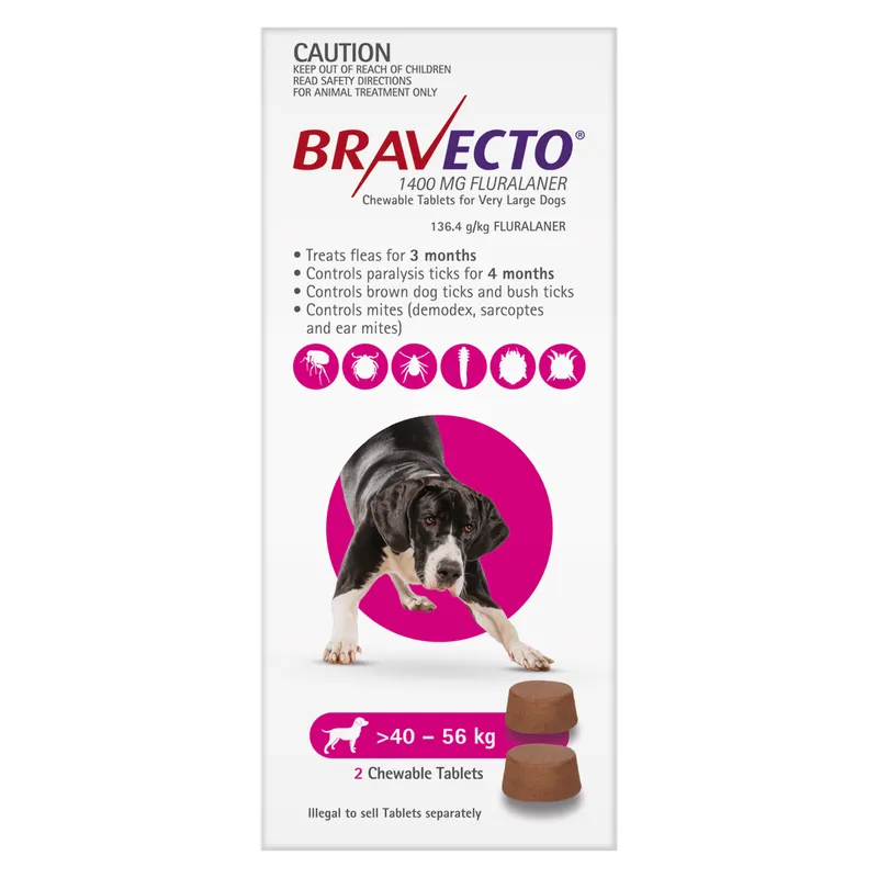 Bravecto Dog X Lrg 40Kg - 56Kg (2Pk) Purple Bravecto