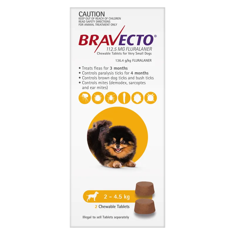 Bravecto Dog X Sml 2Kg - 4.5Kg Yellow (2Pk) Bravecto