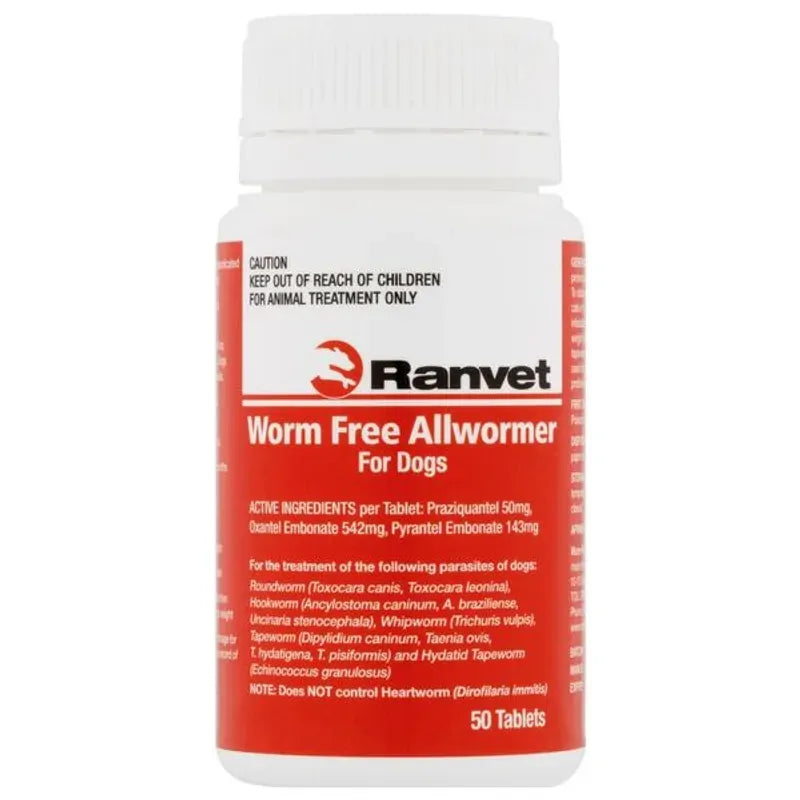 Ranvet Worm Free Allwormer (Red Label) 10Kg Dog 50 Tabs 