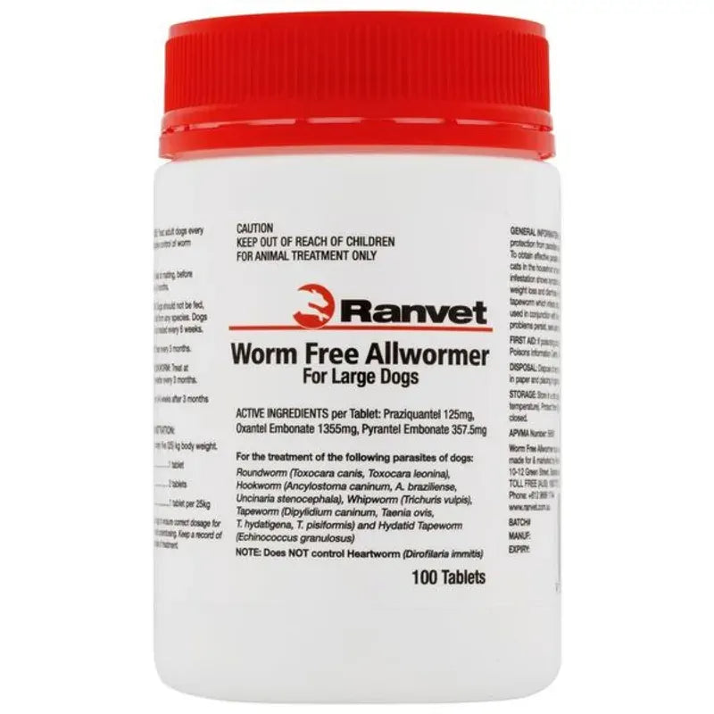 Ranvet Worm Free Allwormer (Whte Lbl) 25Kg Lg Dog 100 Tab 