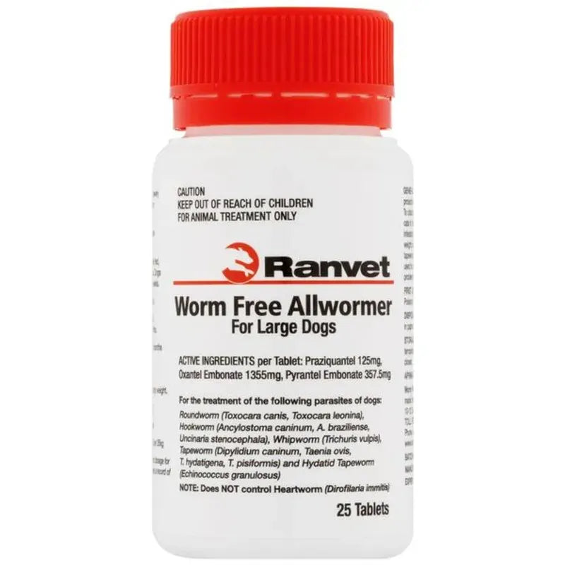 Ranvet Worm Free Allwormer (White Label)25Kg L Dog 25Tabs 