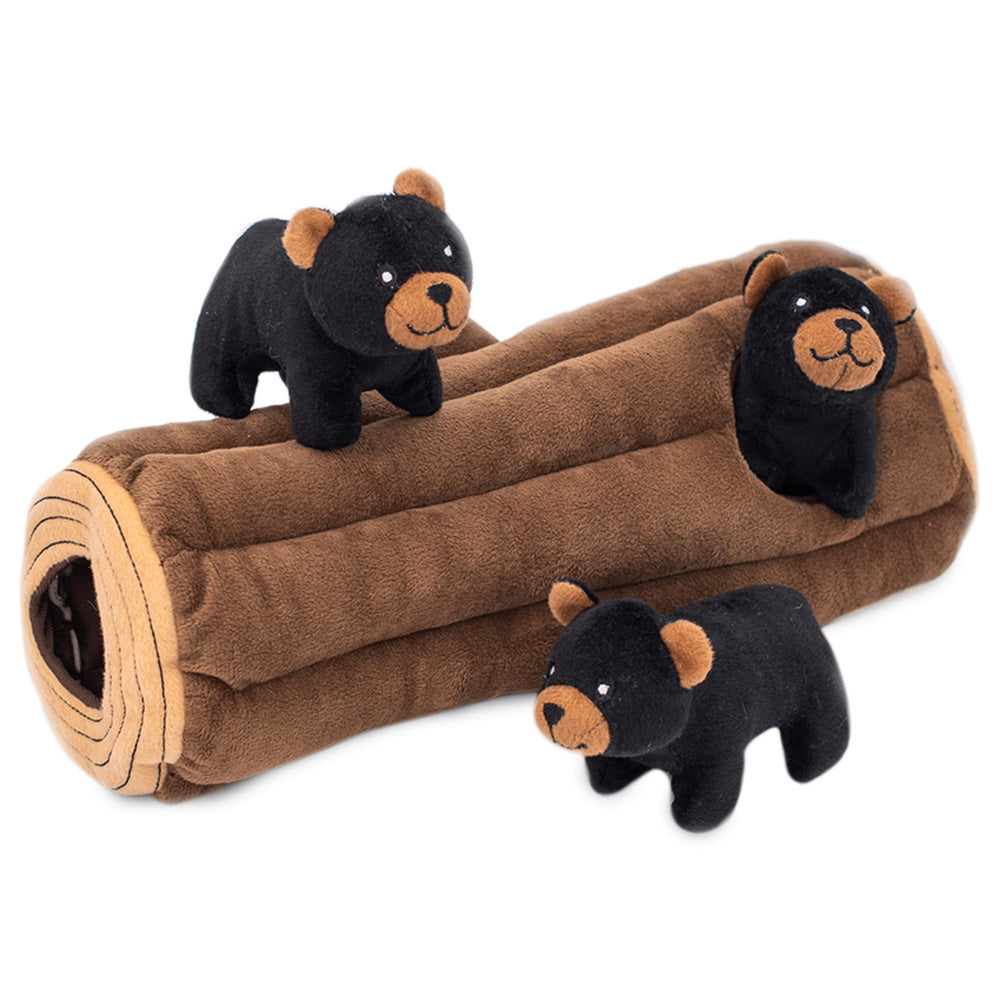 Zippy Paws Zippy Burrow Interactive Dog Toy - Black Bear Log + 3 Bears Zippy Paws
