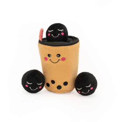 Zippy Paws Zippy Burrow Interactive Dog Toy - Boba Milk Tea + 3 Boba Squeaky Toys Zippy Paws