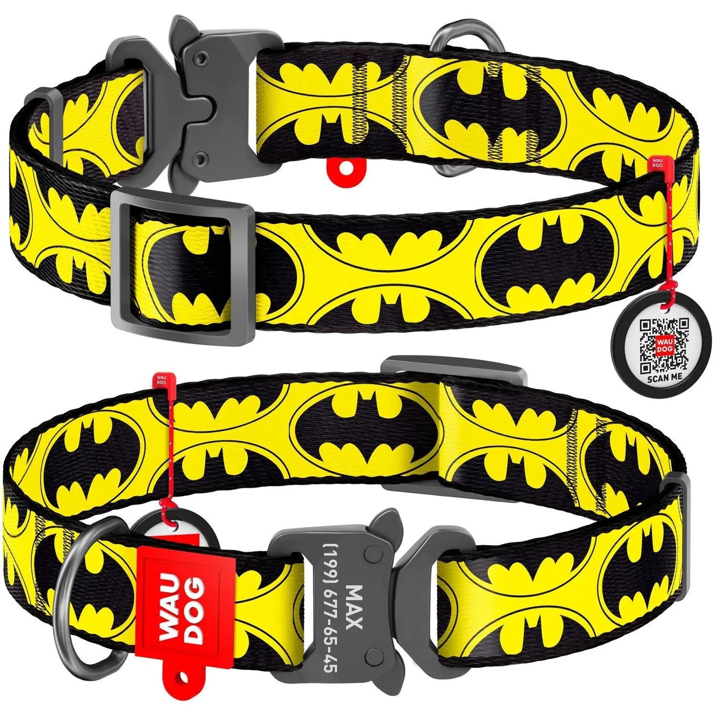 WAUDOG Batman Logo Nylon Collar: Durable, Stylish, Adjustable for Pet Comfort