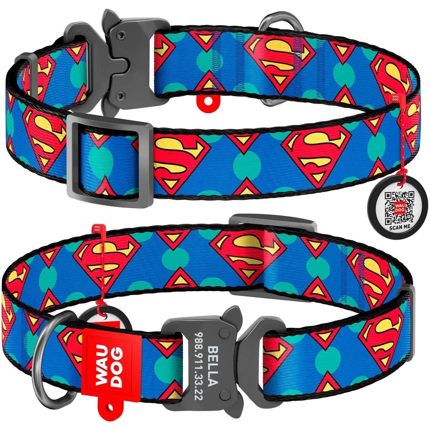 WAUDOG Superman Logo Blue Dog Collar: Durable, Stylish, Comfortable, and Adjustable