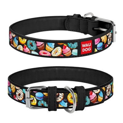 WAUDOG Donut Black Leather Dog Collar - Durable, Stylish, Comfortable, Adjustable