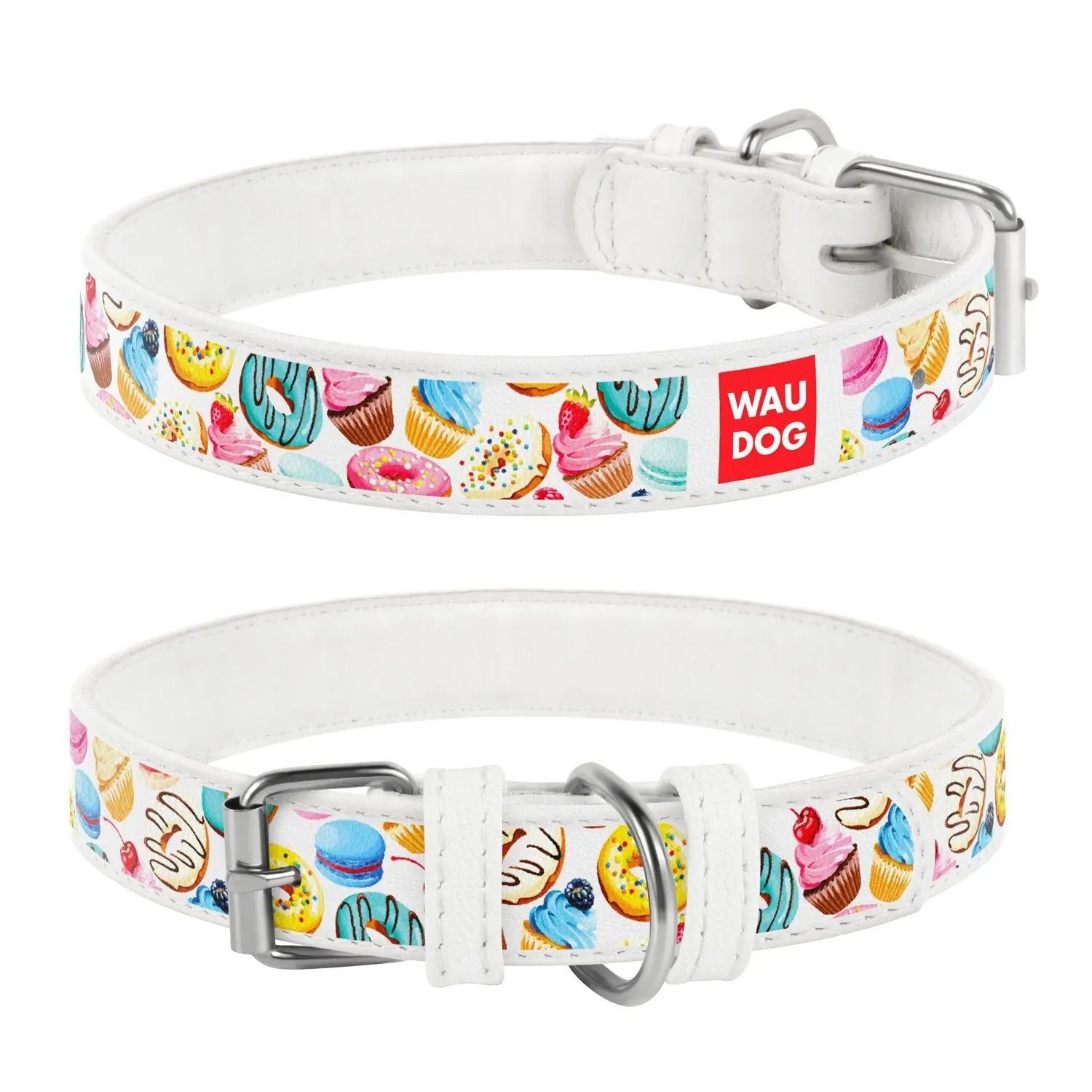 WAUDOG Donuts White Leather Collar: Durable, Stylish, Comfortable, Adjustable Pet Accessory