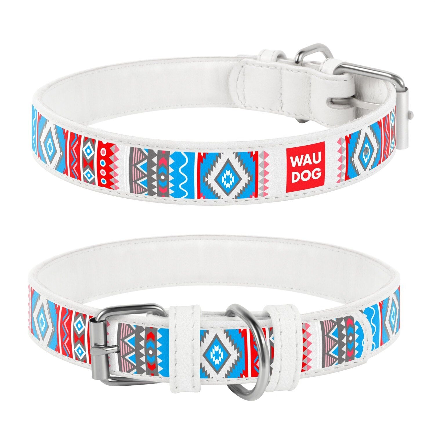 Premium White Leather Dog Collar with Ethno Pattern and Quick Release Buckle