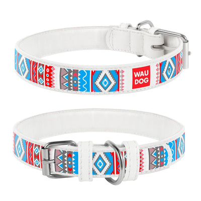 Premium White Leather Dog Collar with Ethno Pattern and Quick Release Buckle