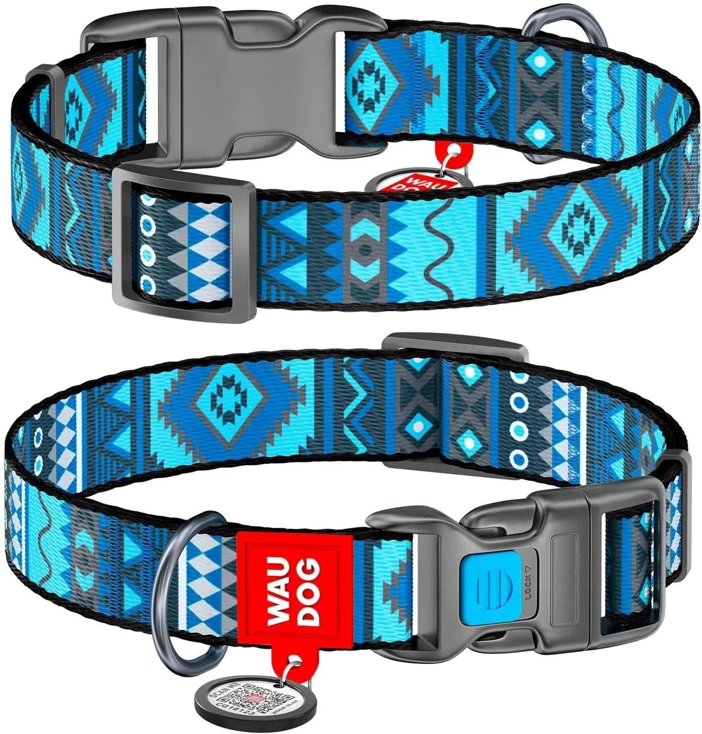 WAUDOG Ethno Blue Nylon Collar: Durable, Stylish, Adjustable for Pet Comfort