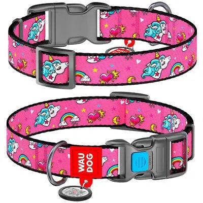 WAUDOG Nylon Dog Collar: Durable Buckle, Vibrant Unicorn Design, Adjustable Comfort Fit