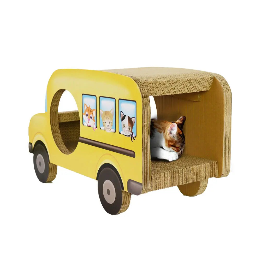 Zodiac Yellow Bus Cat Scratcher: Interactive Cardboard Fun for Playful Felines